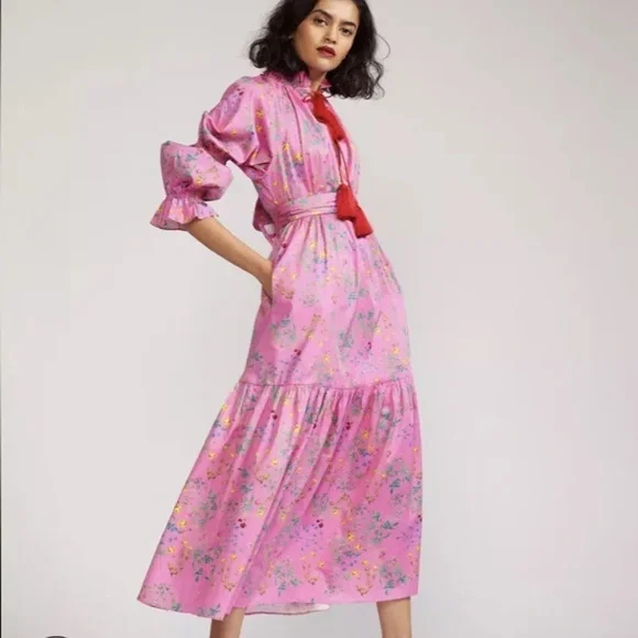 Cynthia Rowley-NWT Hot Pink Floral Longsleeve Sannibel Printed Cotton Midi  Dress